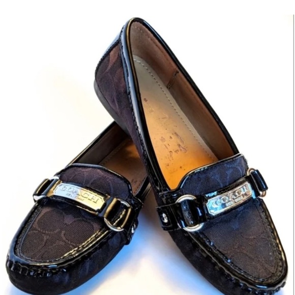 Coach Felisha Loafers Sz 6.5 Black Monogram Fabric Patent Leather Silver Buckle - Picture 1 of 9